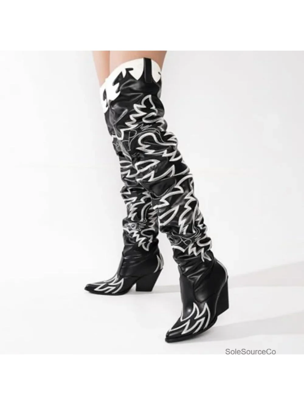 Women's Slouchy Pull-On Thigh High Boots Chunky Heel Pointed Toe Faux Leather